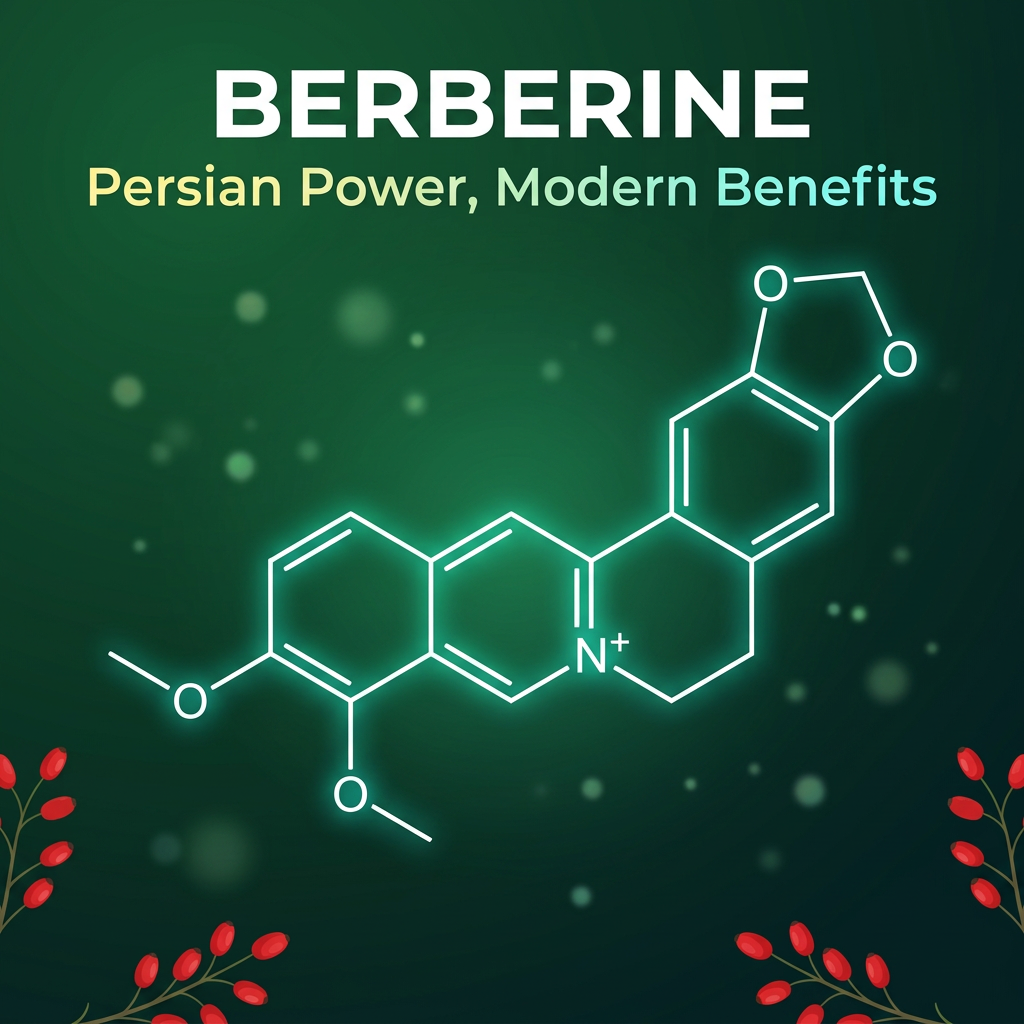 Berberine supplement thumbnail: glowing chemical structure from Persian barberry (zereshk), green wellness poster with red berries, blood sugar benefits graphic for Iranian herbal remedy